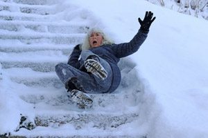 tripping on snowy stairs