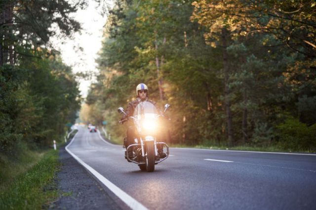motorcycle riding down road with plenty of trees