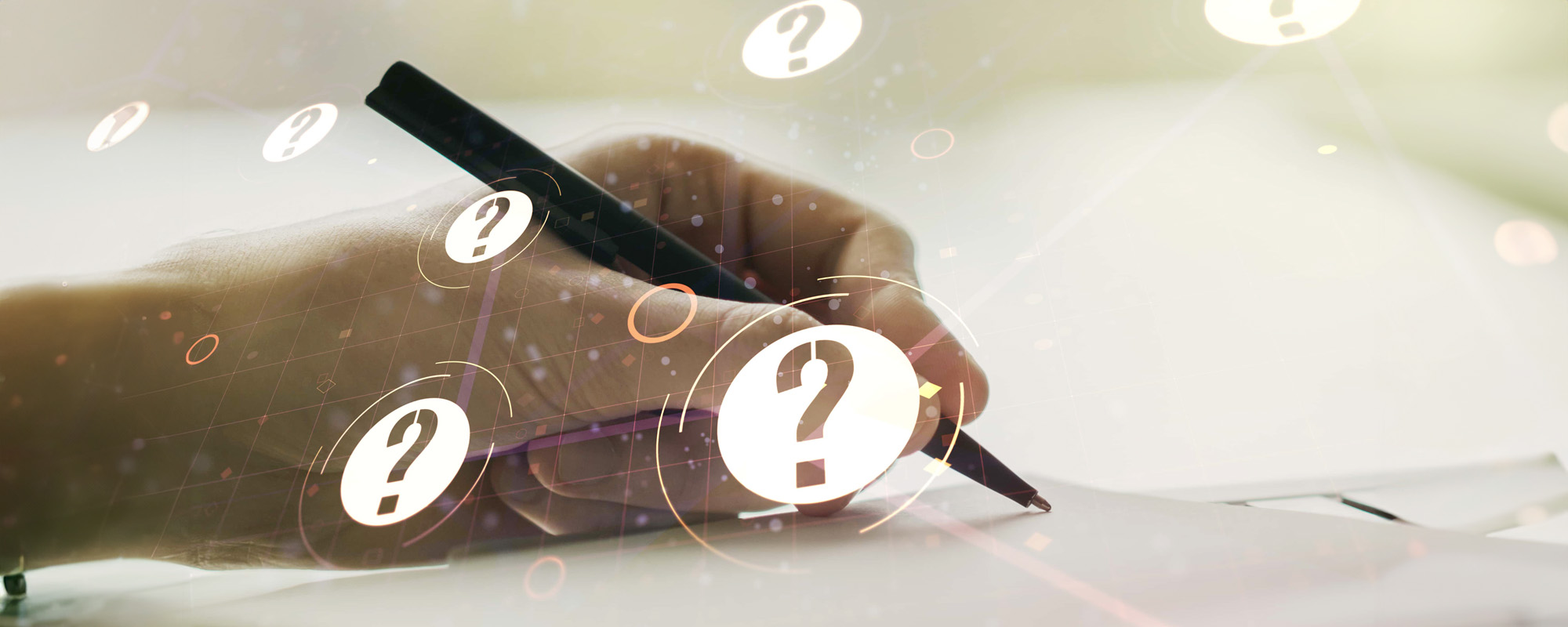 Double exposure of question mark hologram and man hand writing in notebook on background. Sociology and psychology concept