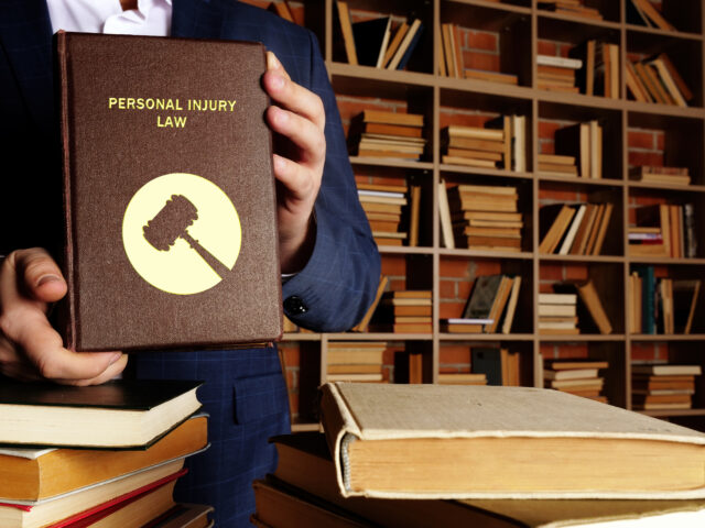 PERSONAL INJURY LAW book in the hands of a jurist. Personal injury law, also known as tort law, is designed to protect you if you or your property is injured