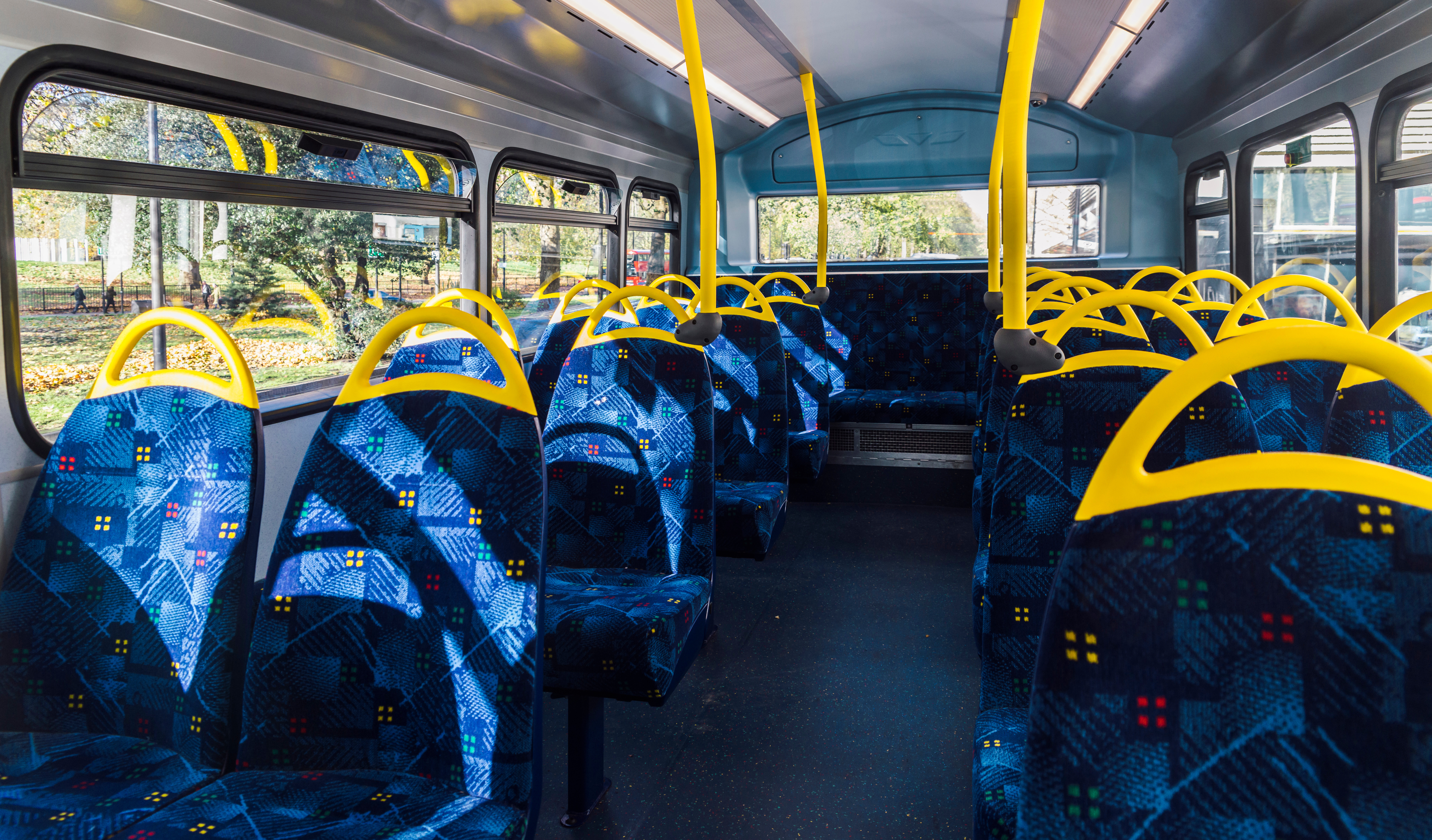Empty top floor of double-decker bus